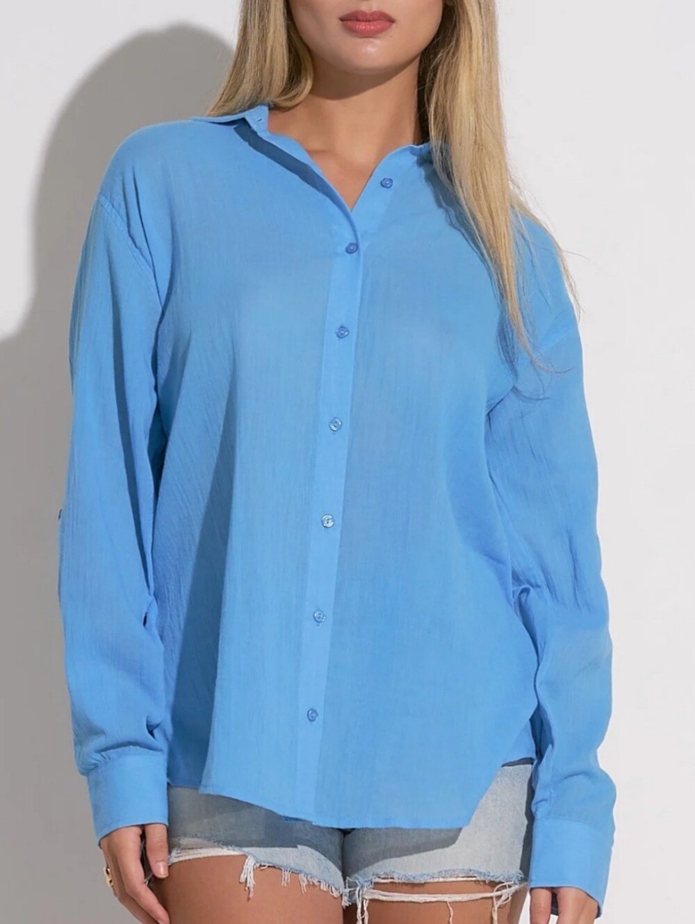 Elan Traveler Women's Long Sleeve Cover Up Button Down Gold Lettering Mid Blue M
